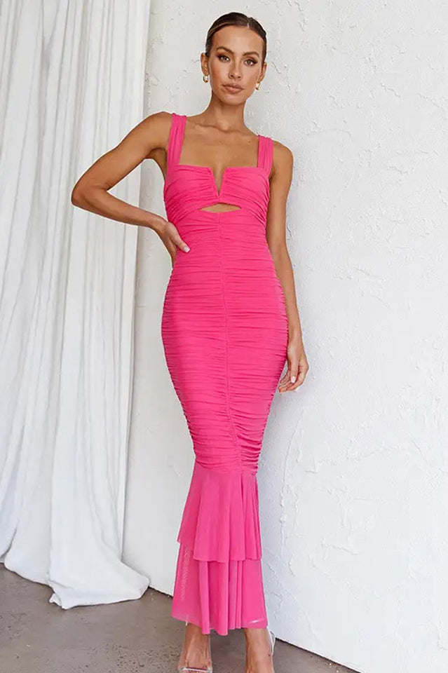 Nadia Ruched Fishtail Maxi Elbise