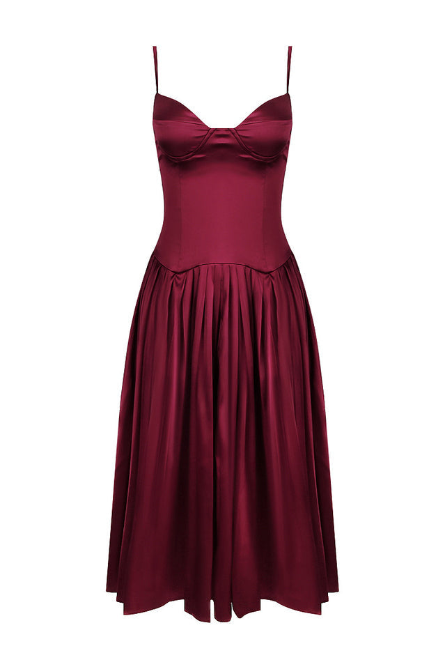 Beau Burgundy Pleated Midi Elbise