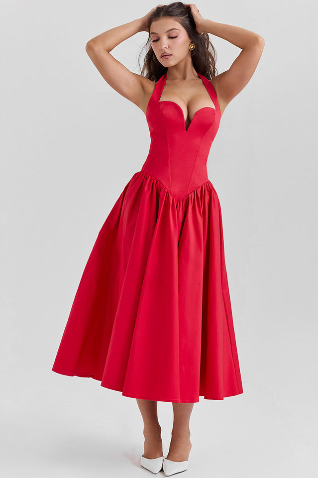 Coquette Scarlet Halter Midi Elbise