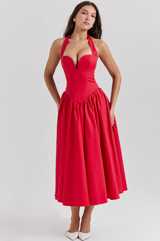 Coquette Scarlet Halter Midi Elbise