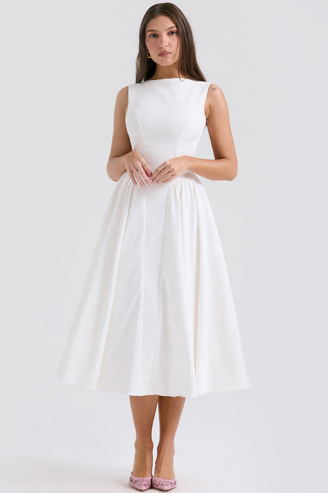 Cindy White Twill Midi Elbise