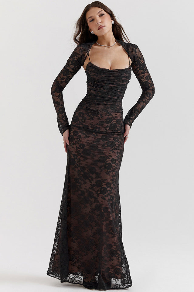 Vintage Cream White Lace Maxi Elbise
