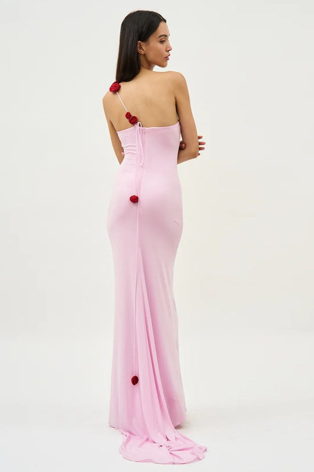 Floral-Appliqué One Shoulder Gown Elbise