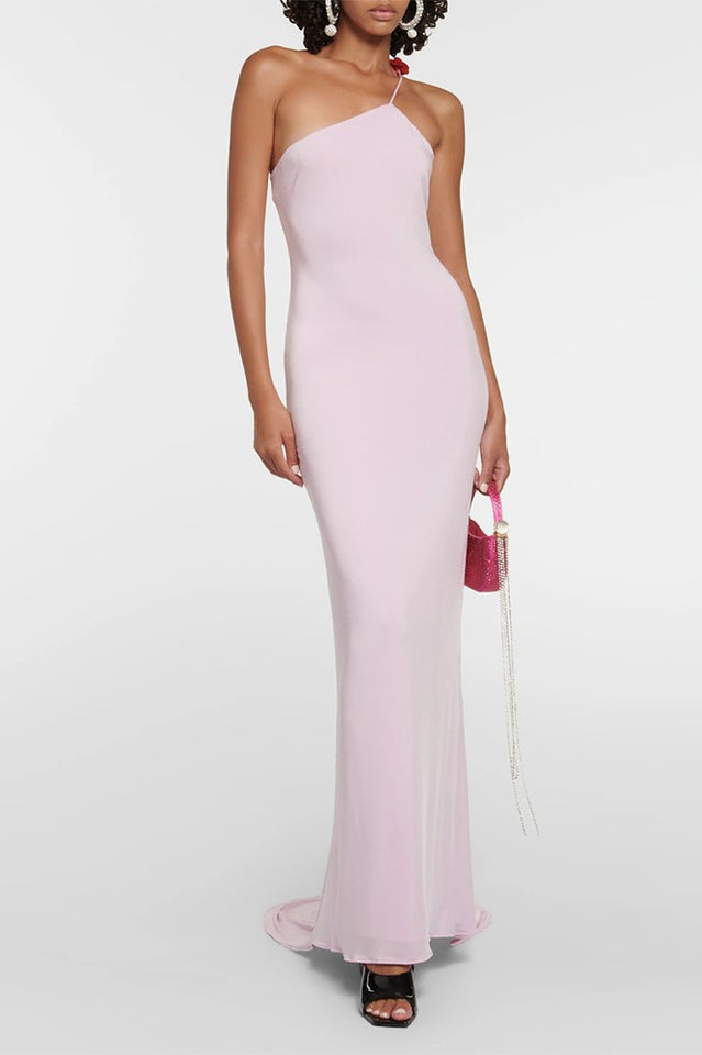 Floral-Appliqué One Shoulder Gown Elbise