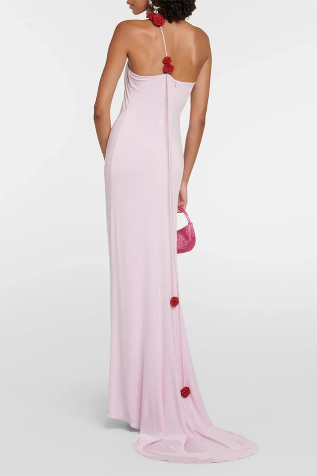 Floral-Appliqué One Shoulder Gown Elbise