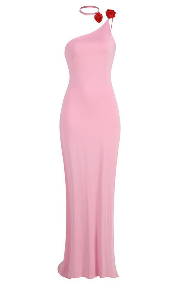 Floral-Appliqué One Shoulder Gown Elbise