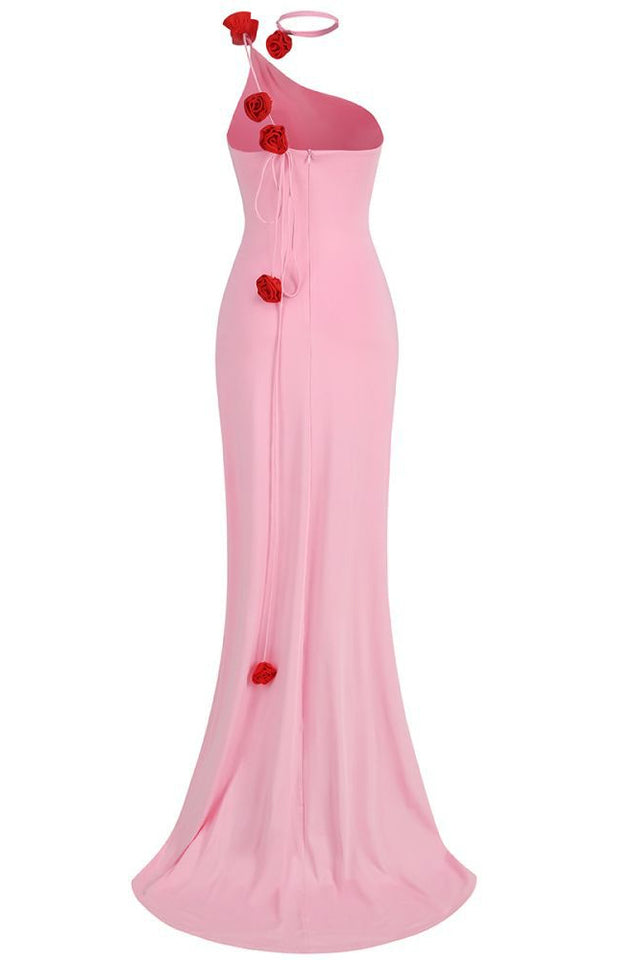 Floral-Appliqué One Shoulder Gown Elbise