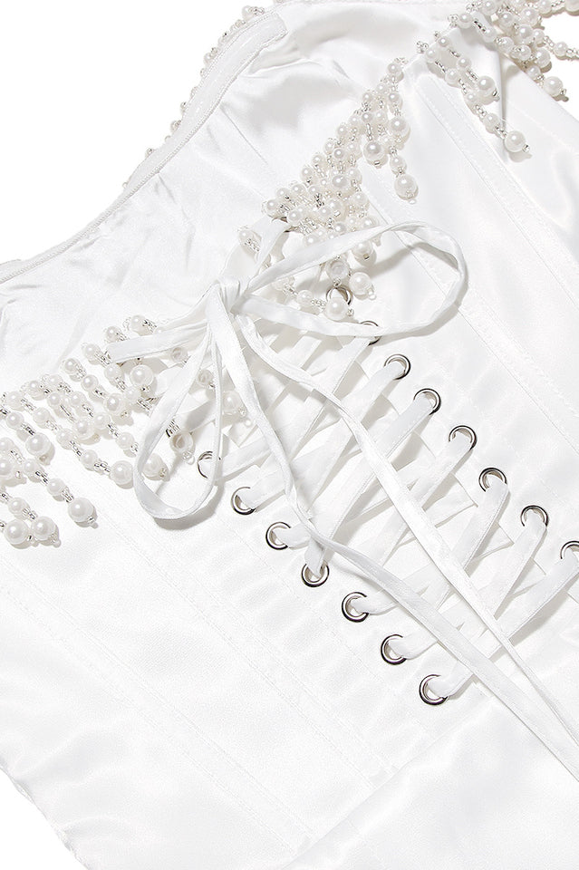 Nalita Vintage Cream Beaded Strapless Elbise