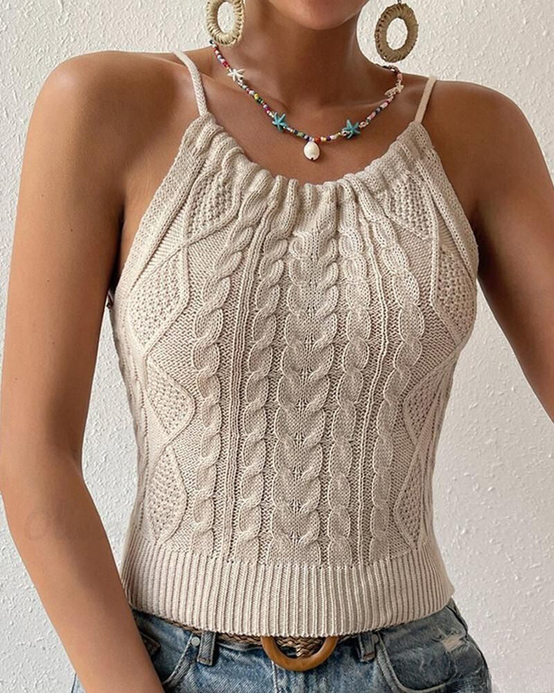 Drawstring Open Back Cable Knit Halter Crop Üst