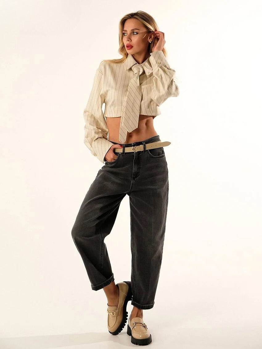 Pinstripe Crop Polo Gömlek