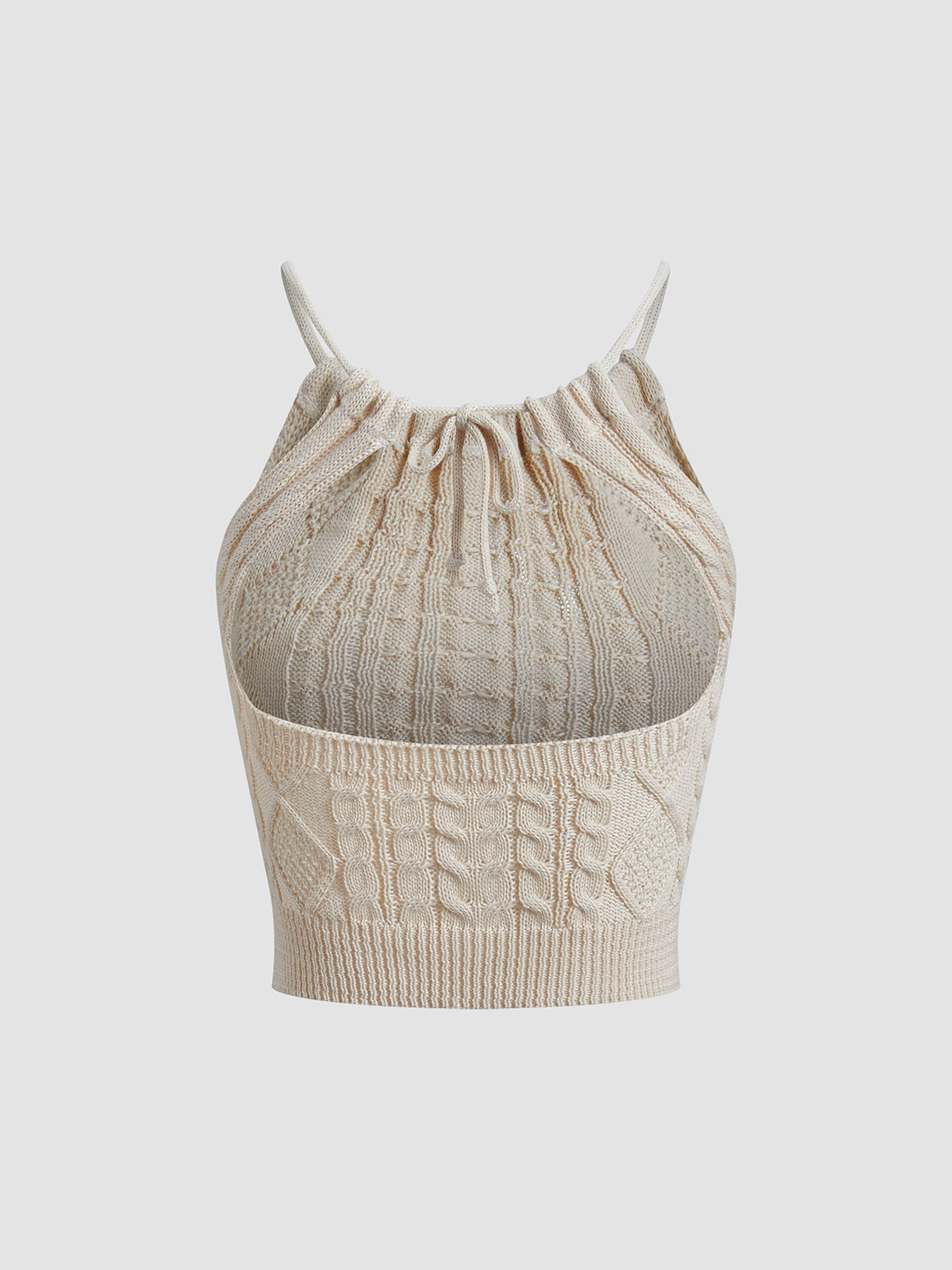 Drawstring Open Back Cable Knit Halter Crop Üst