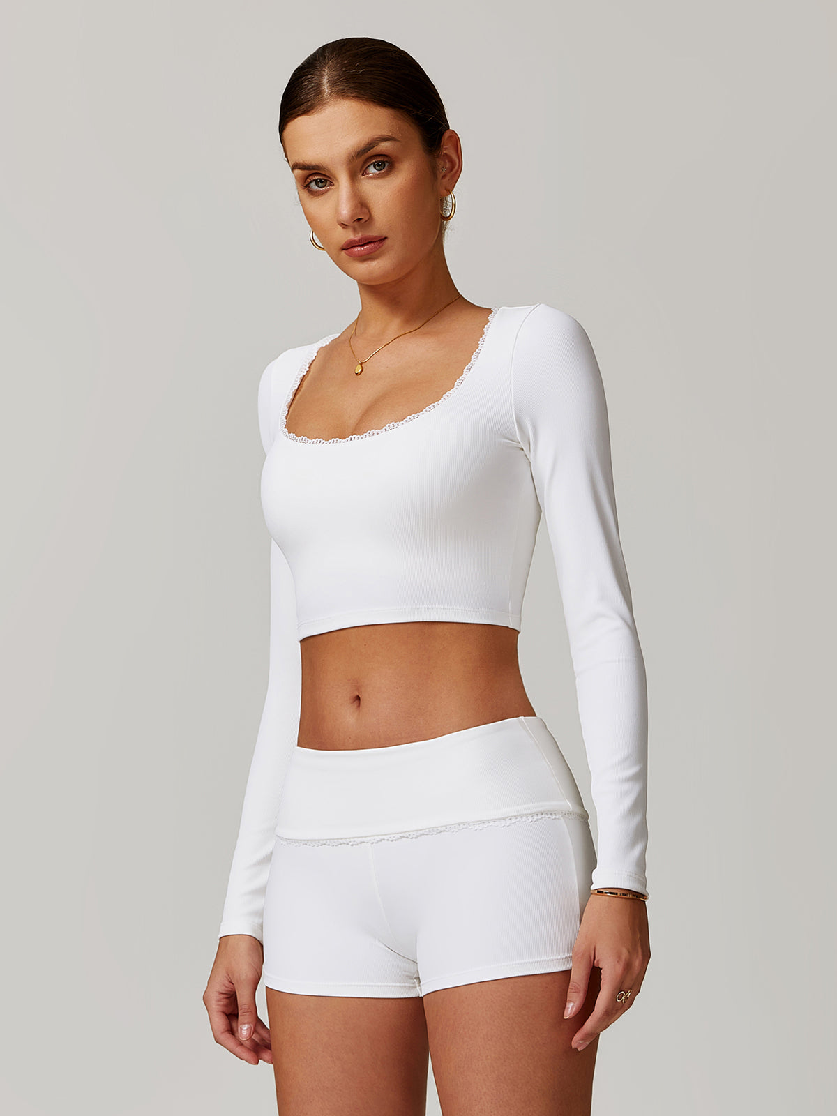 Square Collar Lettuce Trim Crop Active Üst