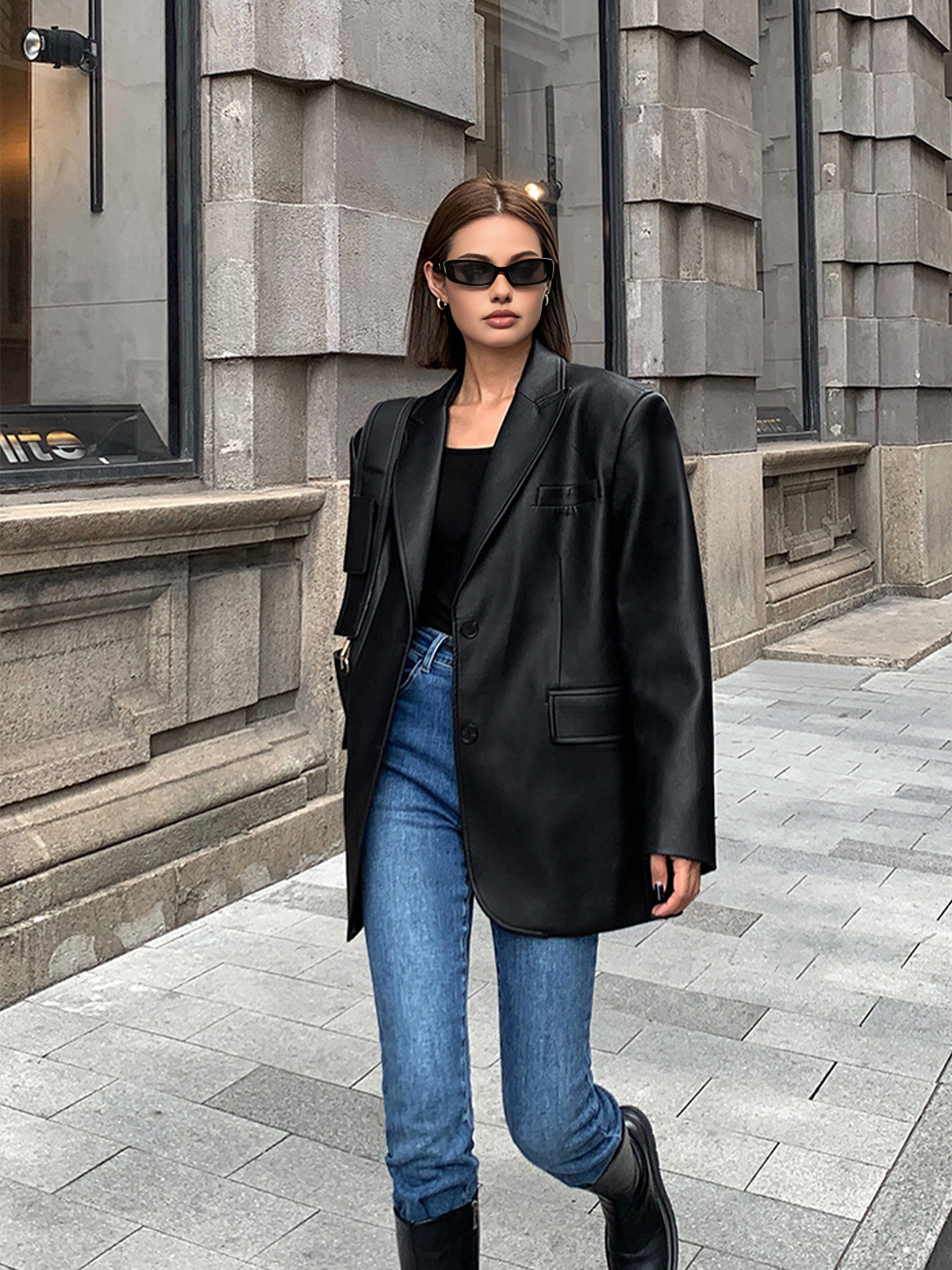 Lapel Pockets Leather Blazer Ceket