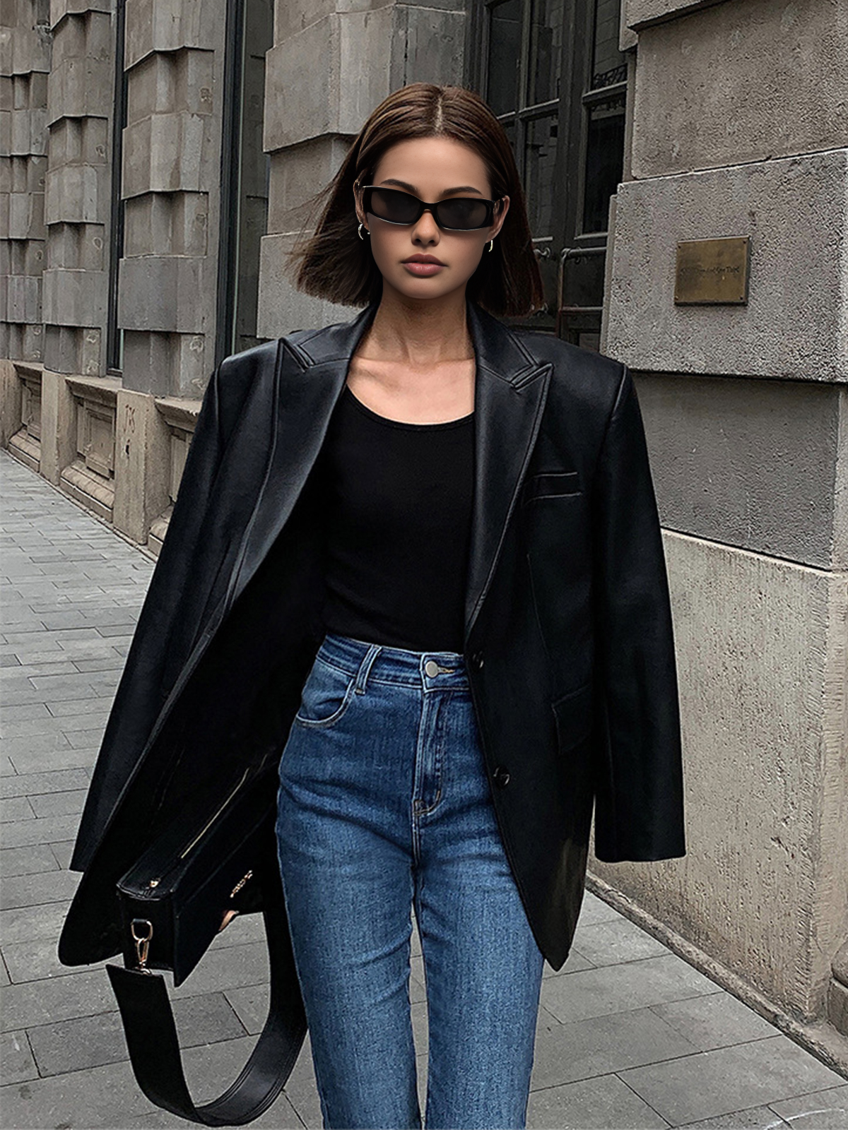 Lapel Pockets Leather Blazer Ceket