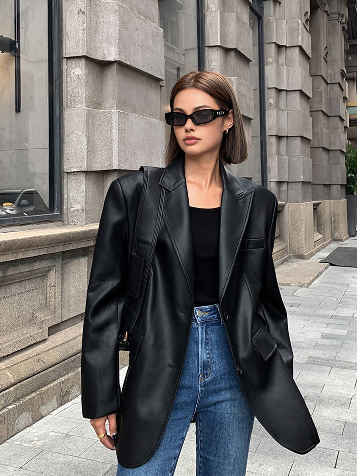 Lapel Pockets Leather Blazer Ceket