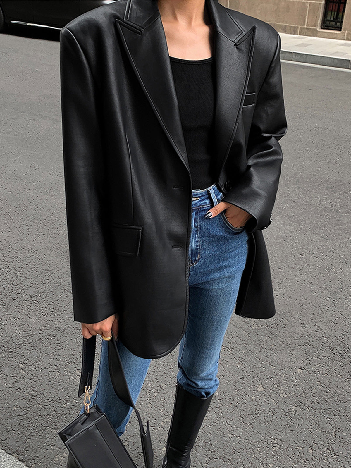 Lapel Pockets Leather Blazer Ceket