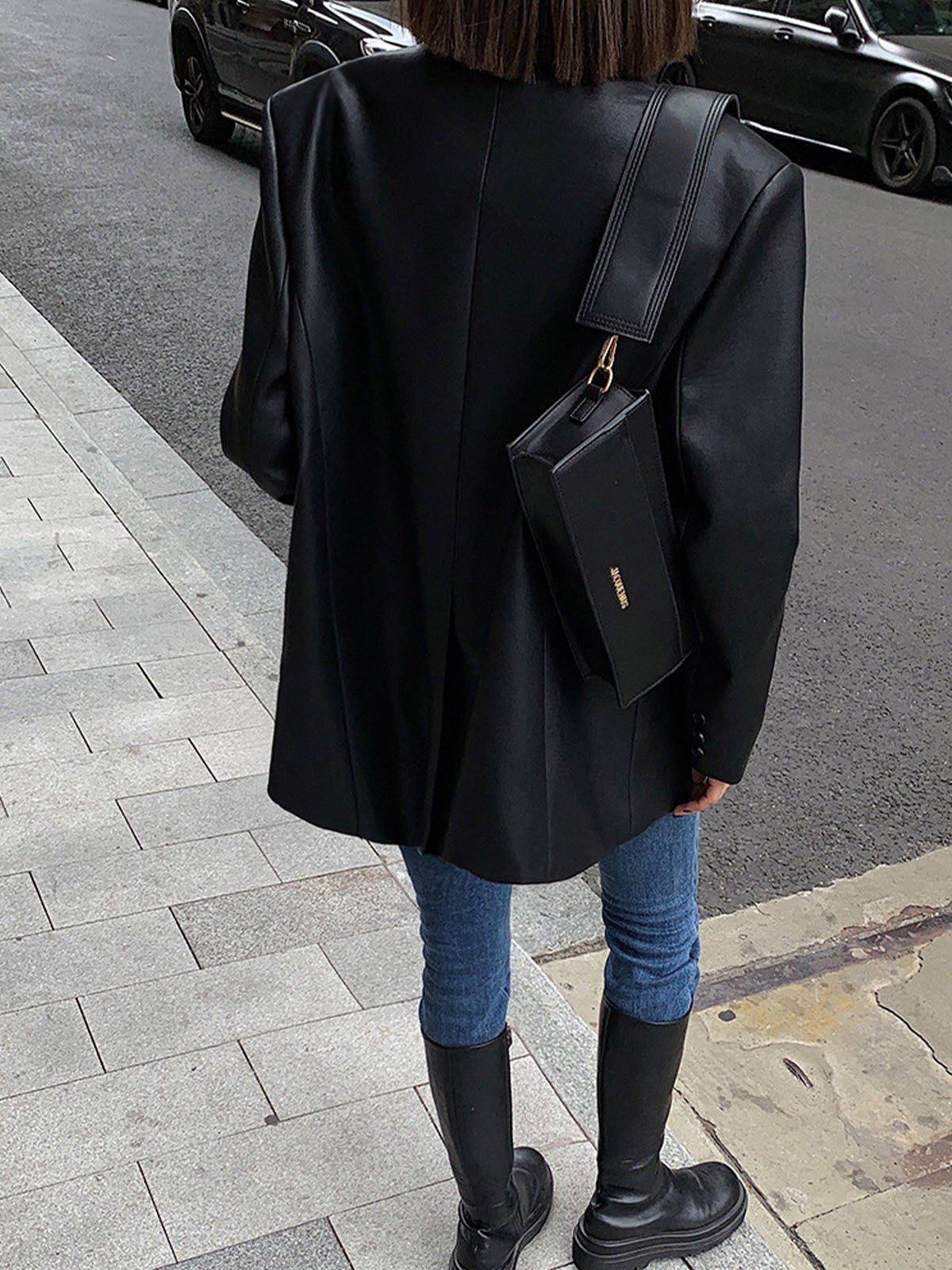 Lapel Pockets Leather Blazer Ceket