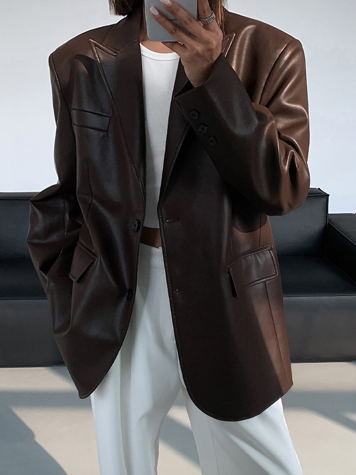Lapel Pockets Leather Blazer Ceket