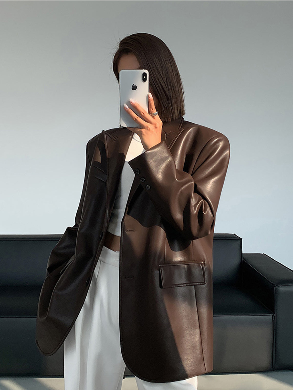 Lapel Pockets Leather Blazer Ceket