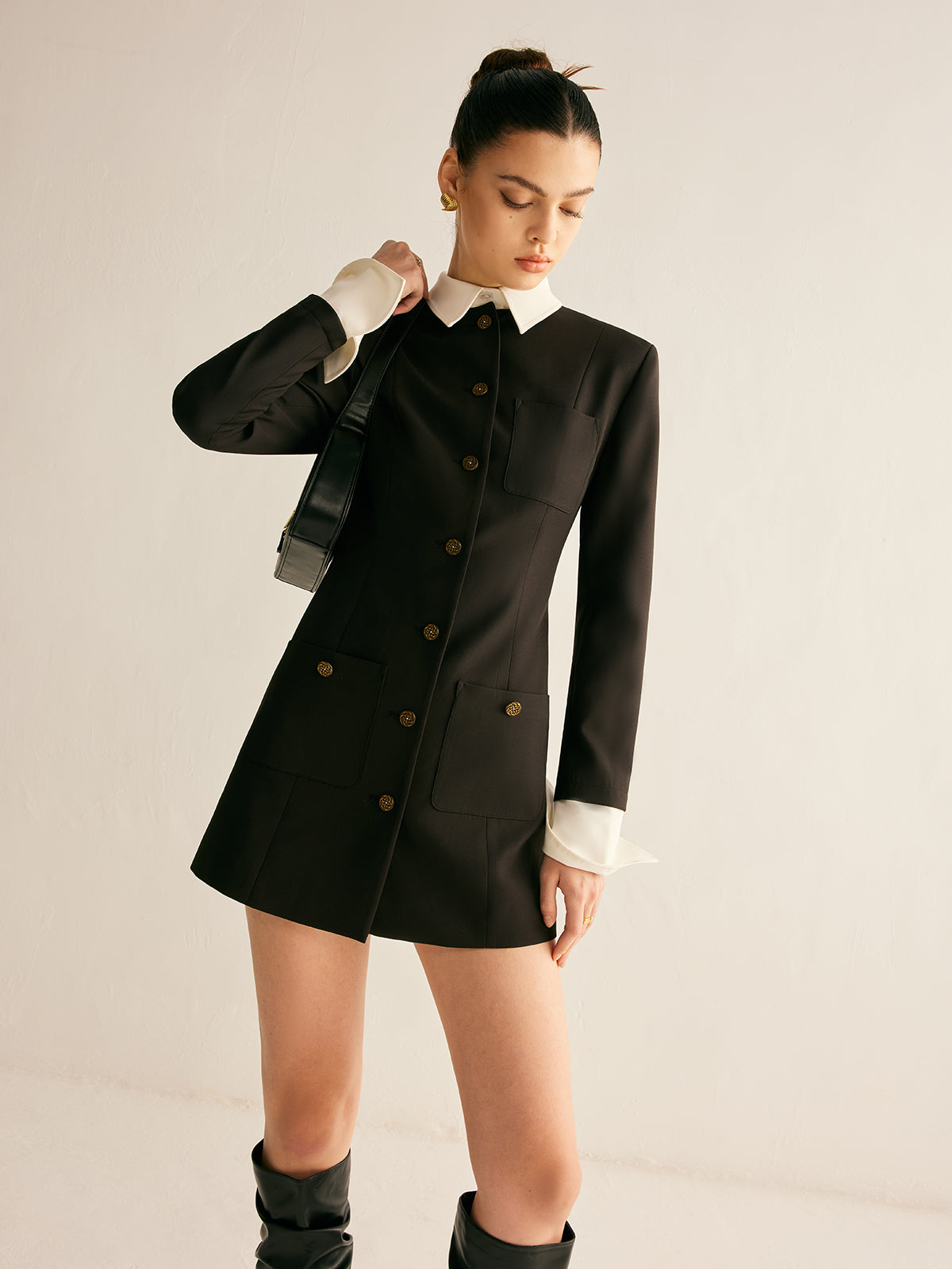 Adjustable-Collar Slim Blazer Elbise