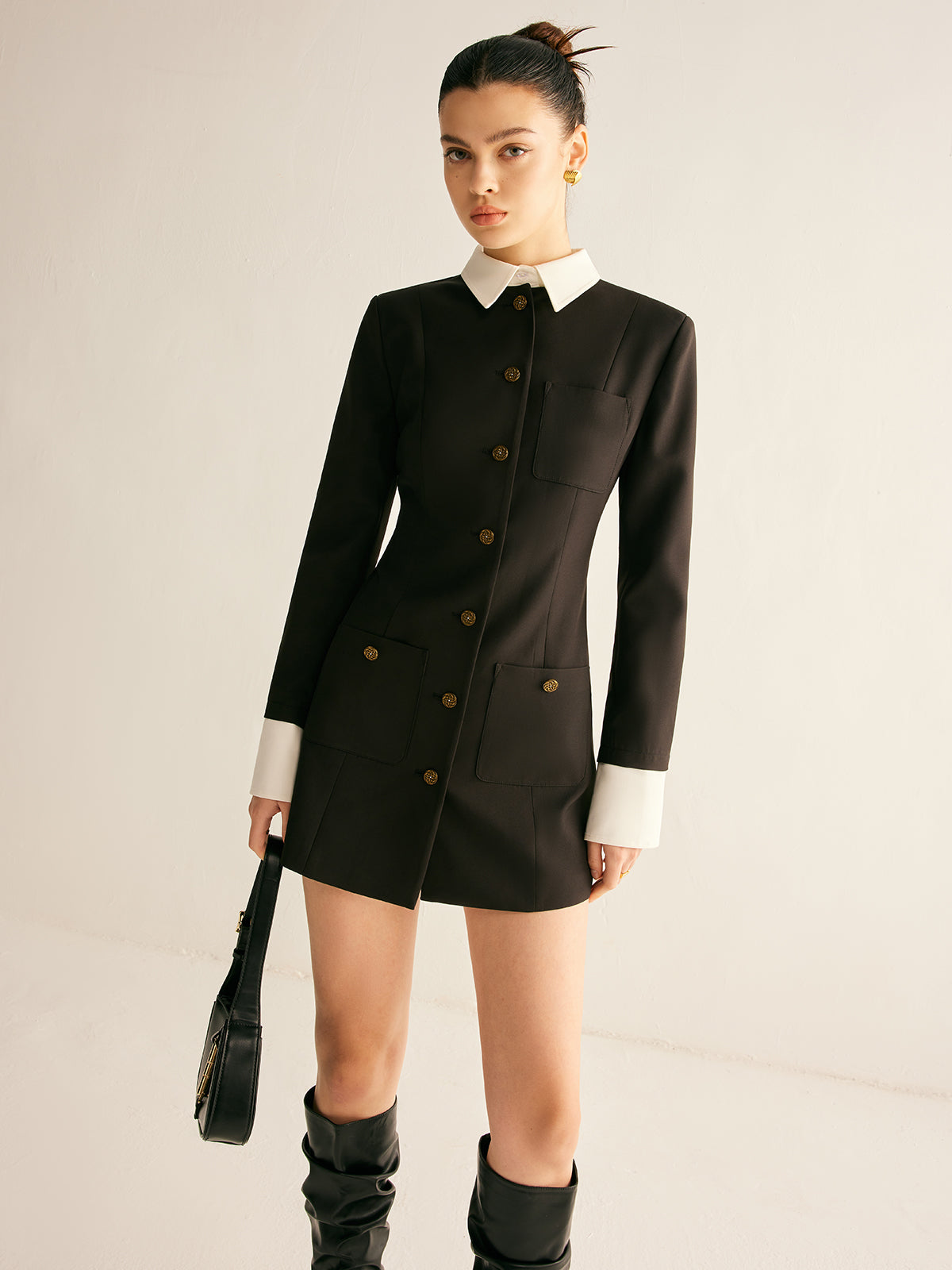 Adjustable-Collar Slim Blazer Elbise