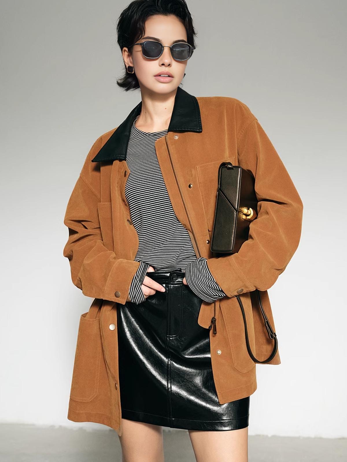 Contrast Collar Suede Blazer Ceket