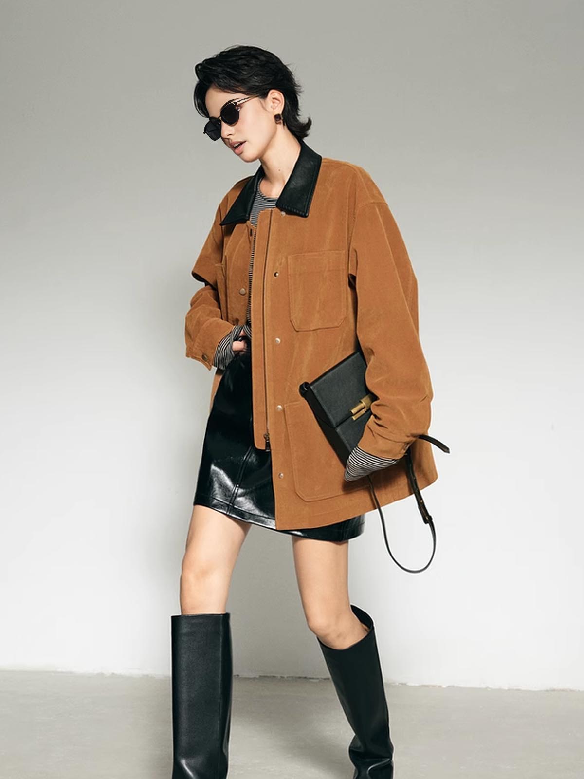 Contrast Collar Suede Blazer Ceket