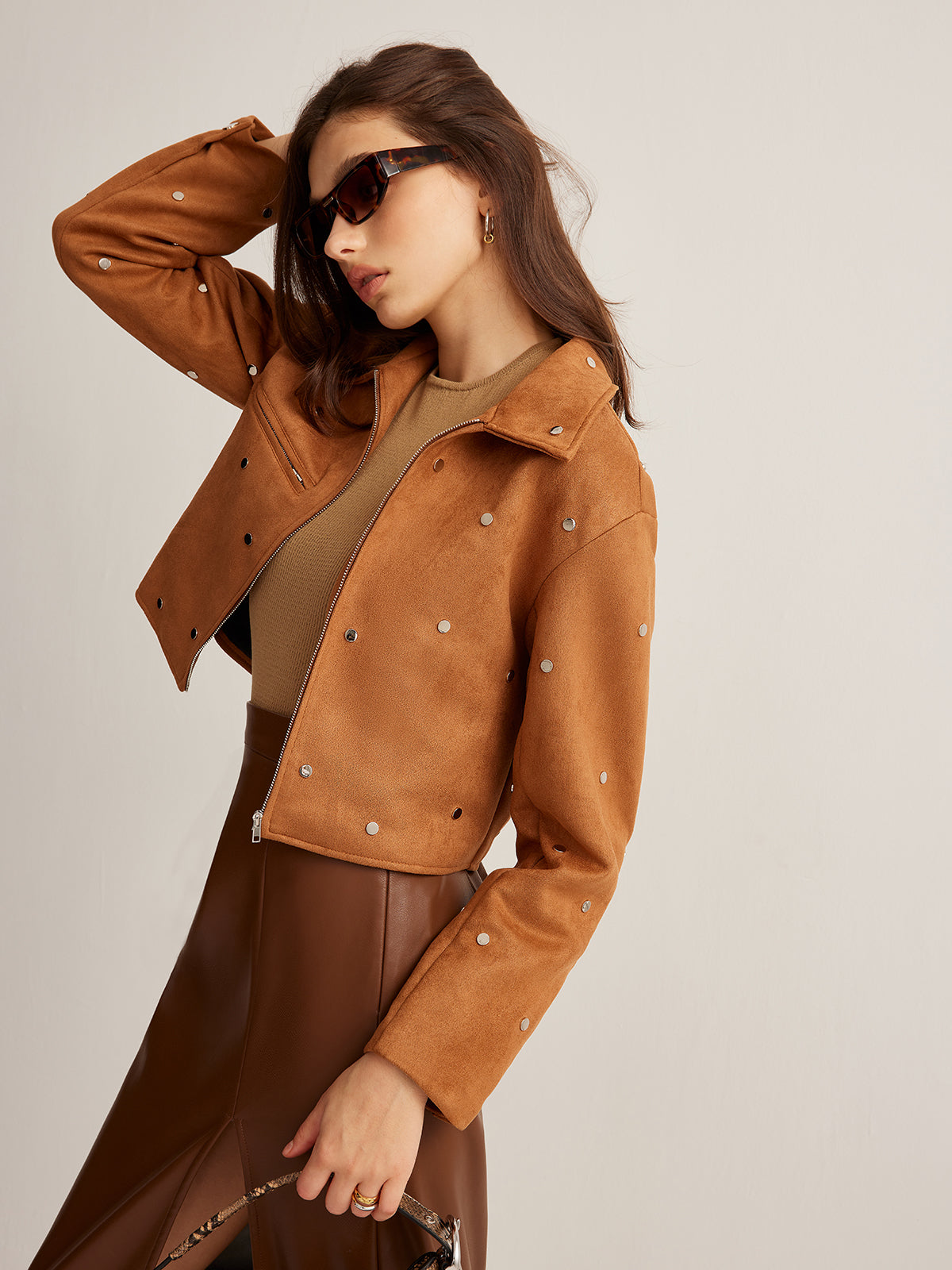 Studded Zipper Crop Blazer Ceket