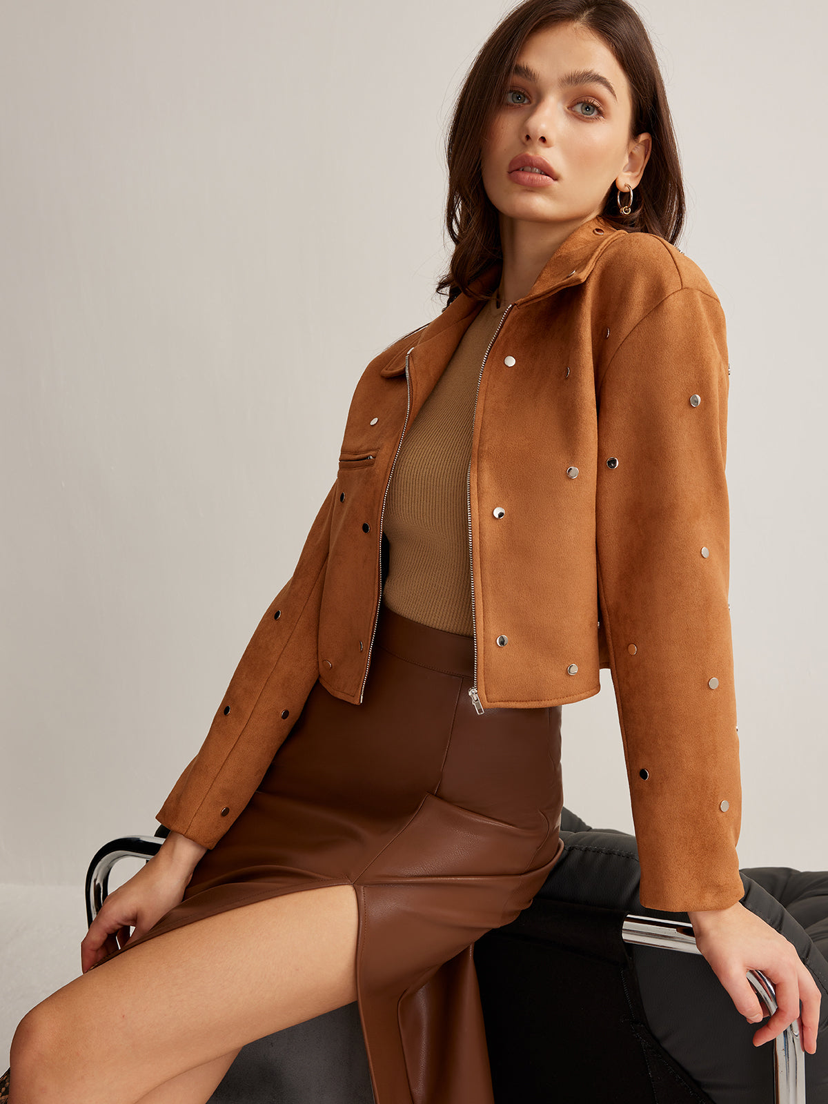 Studded Zipper Crop Blazer Ceket