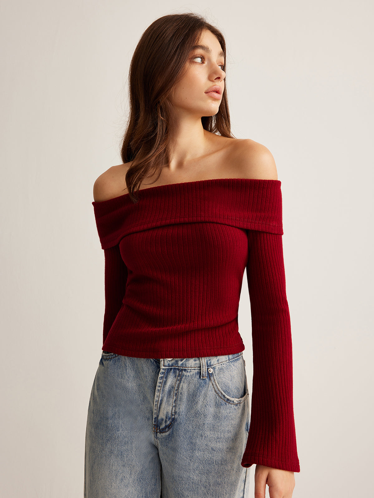 Off-Shoulder Ribbed Slim Üst