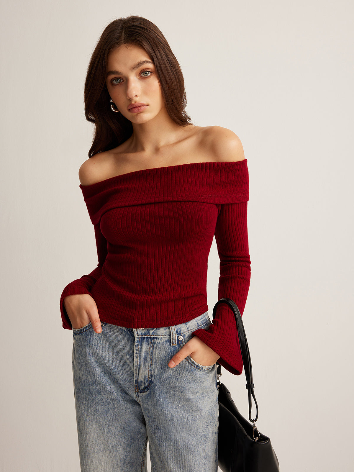 Off-Shoulder Ribbed Slim Üst