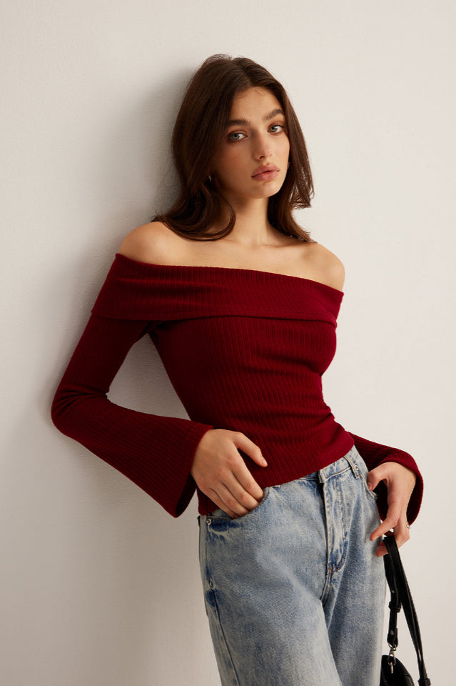 Off-Shoulder Ribbed Slim Üst
