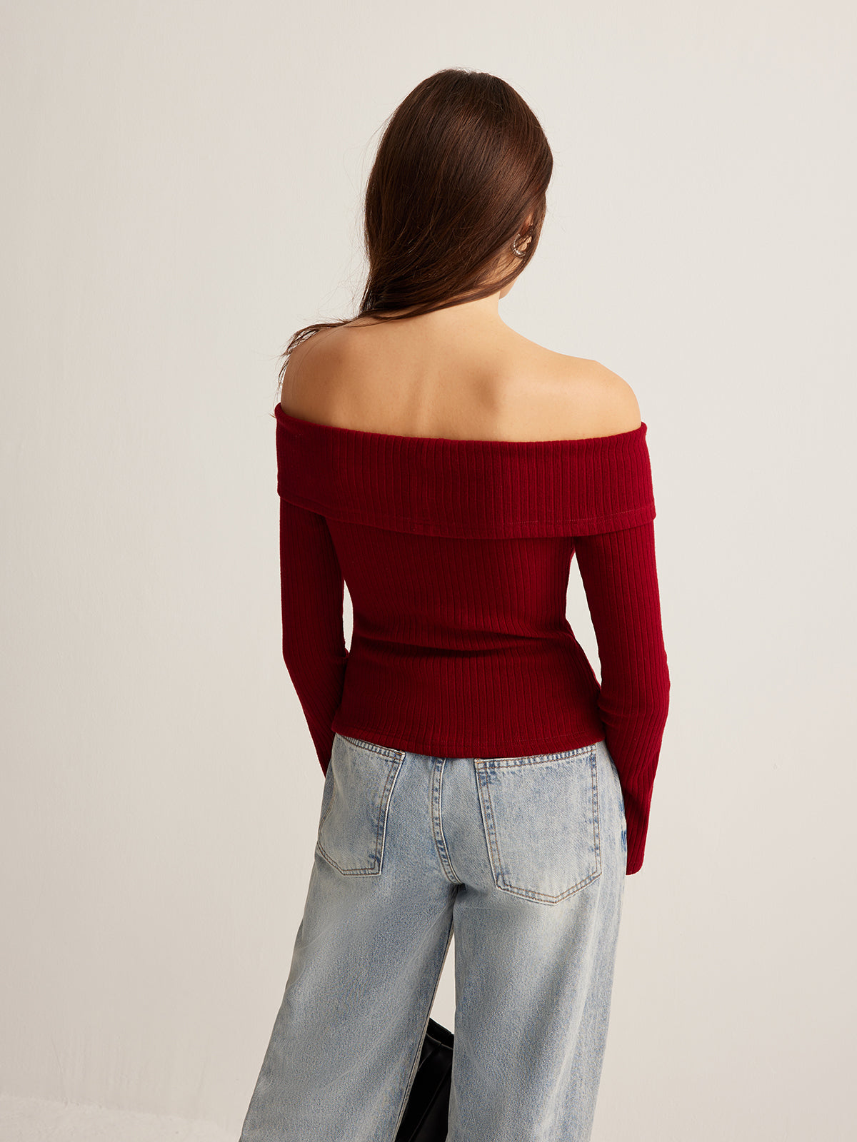 Off-Shoulder Ribbed Slim Üst