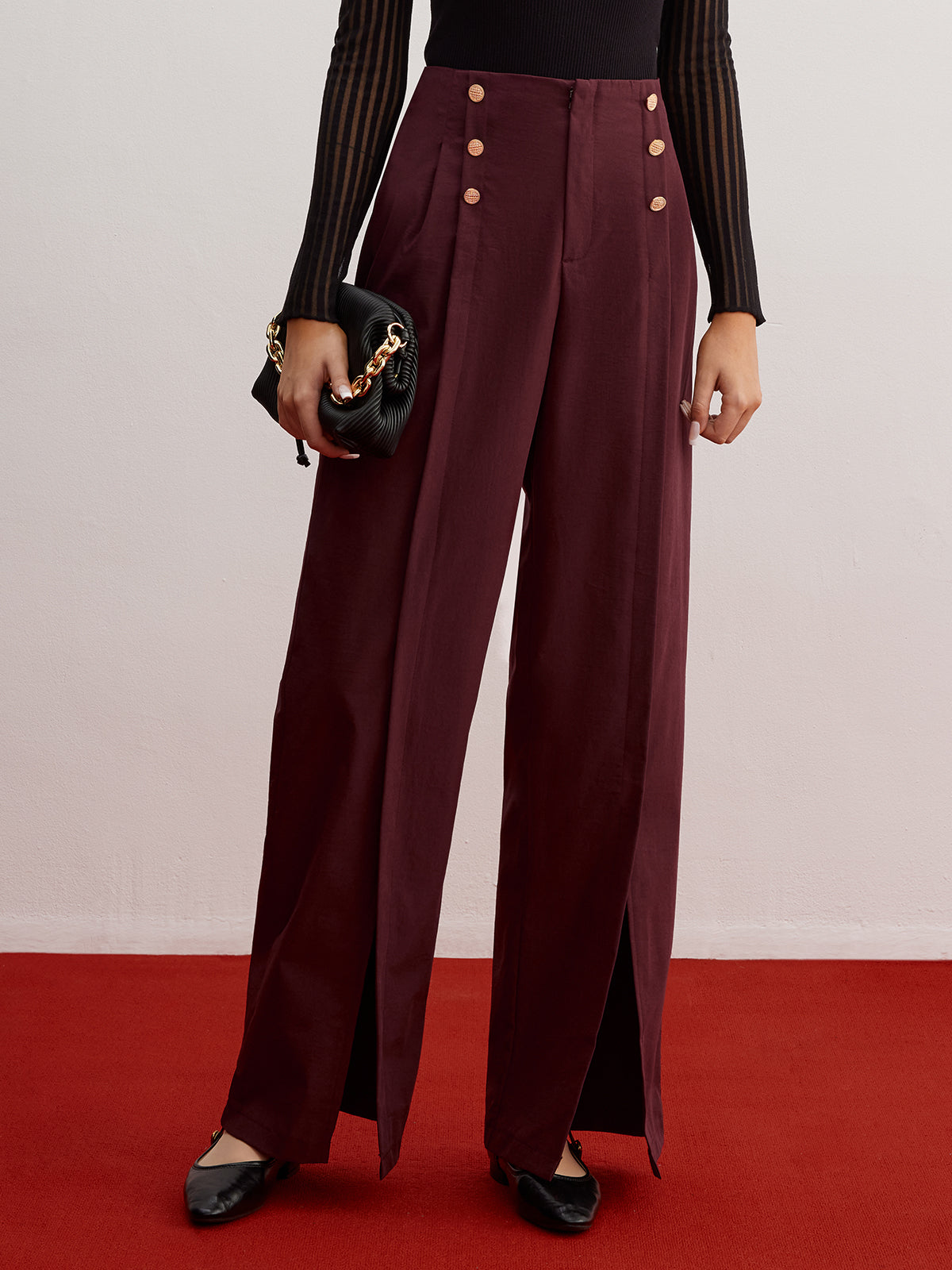 Button Decor Split Wide-Leg Pantolon