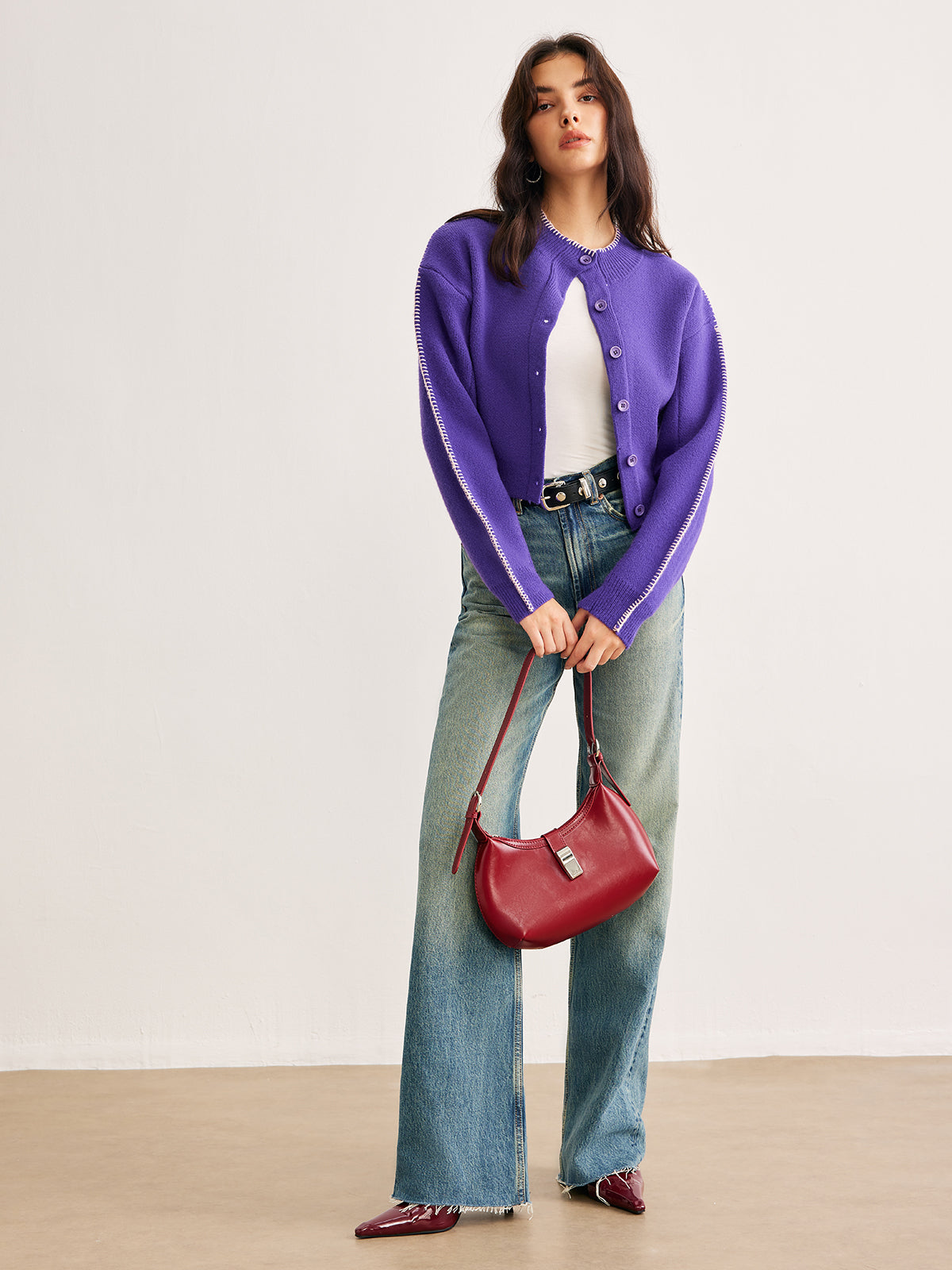 Contrast Trim Breasted Crop Hırka