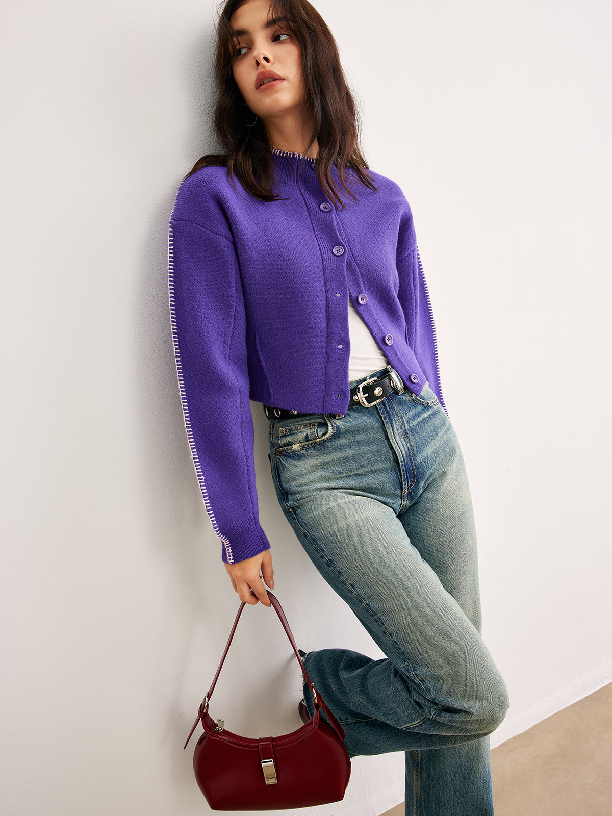 Contrast Trim Breasted Crop Hırka