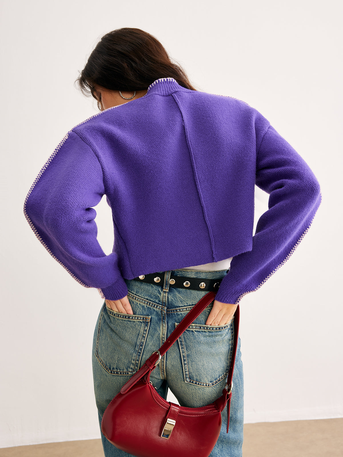 Contrast Trim Breasted Crop Hırka