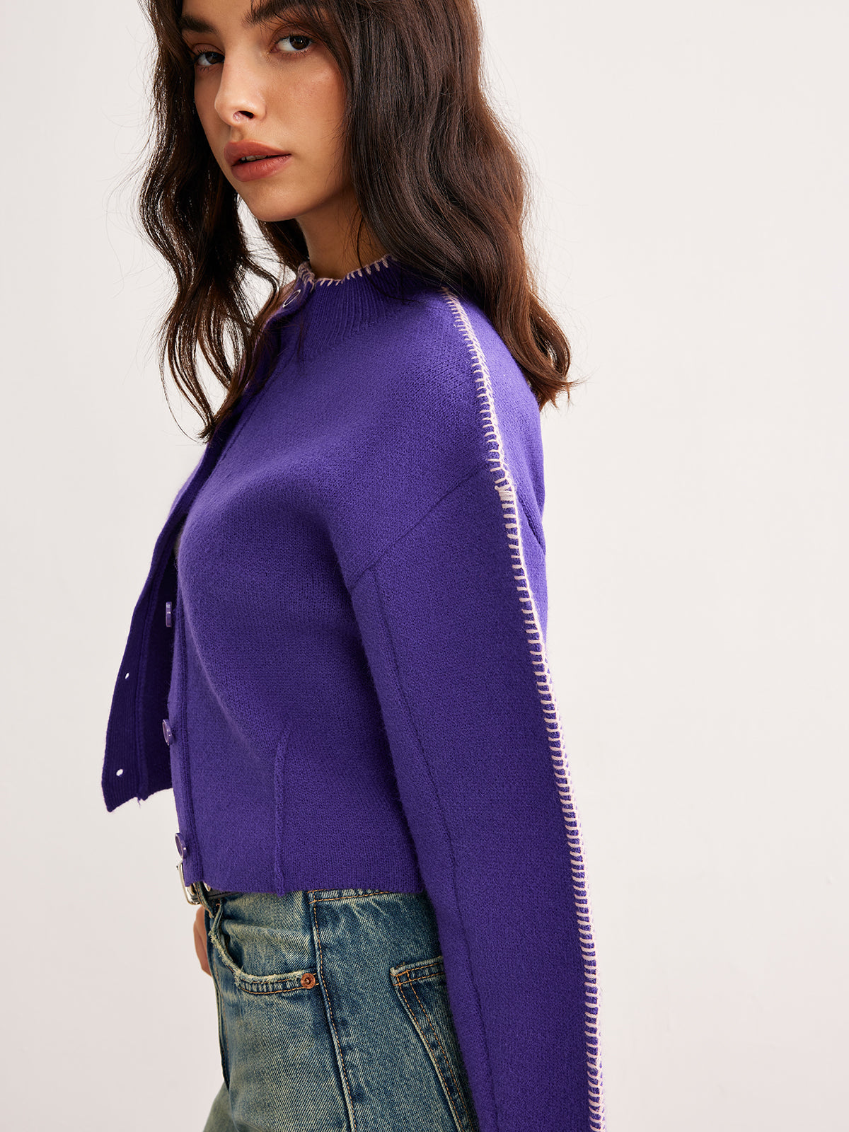Contrast Trim Breasted Crop Hırka