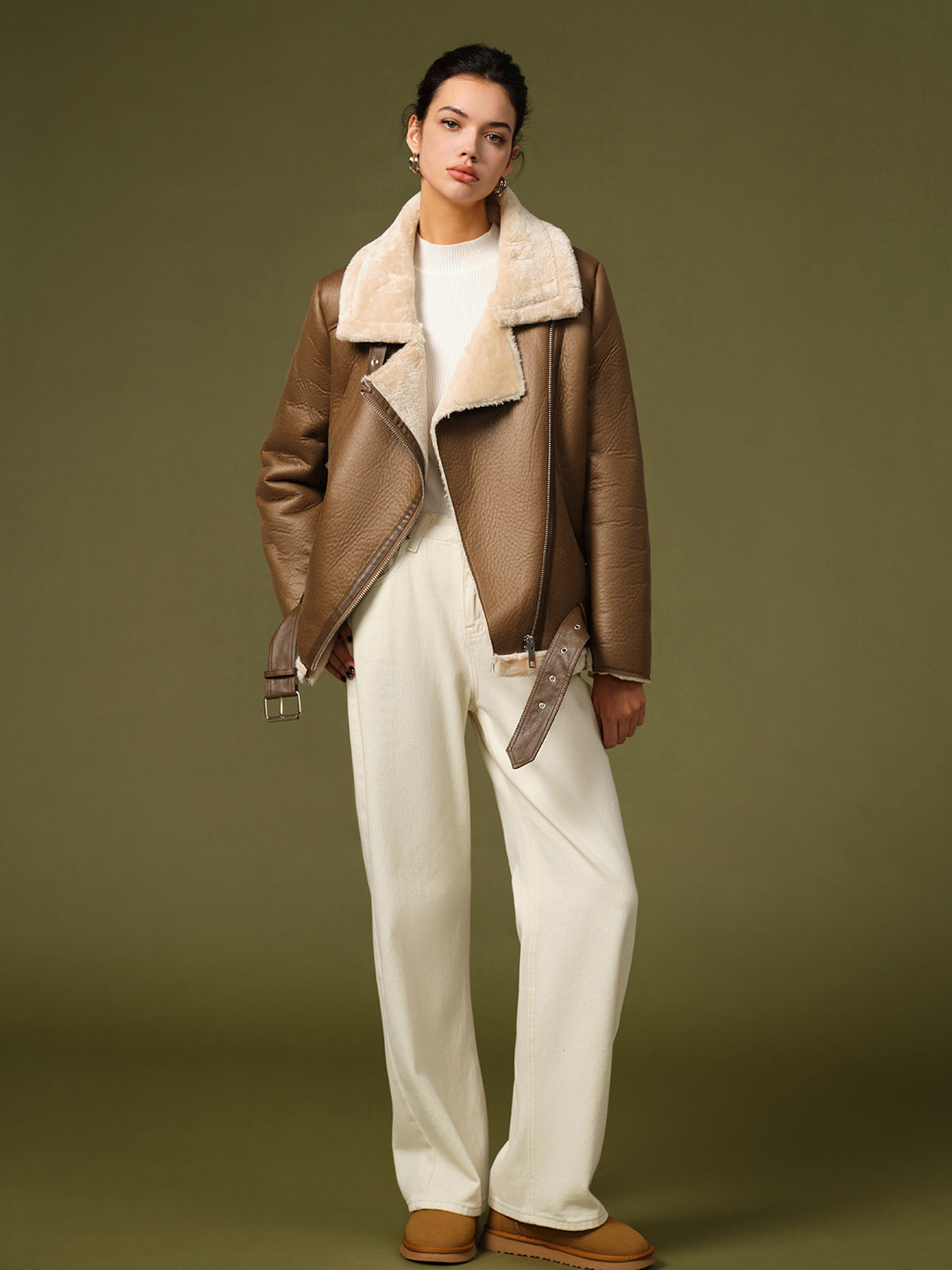 Zipper Belted Soft Fleece Ceket
