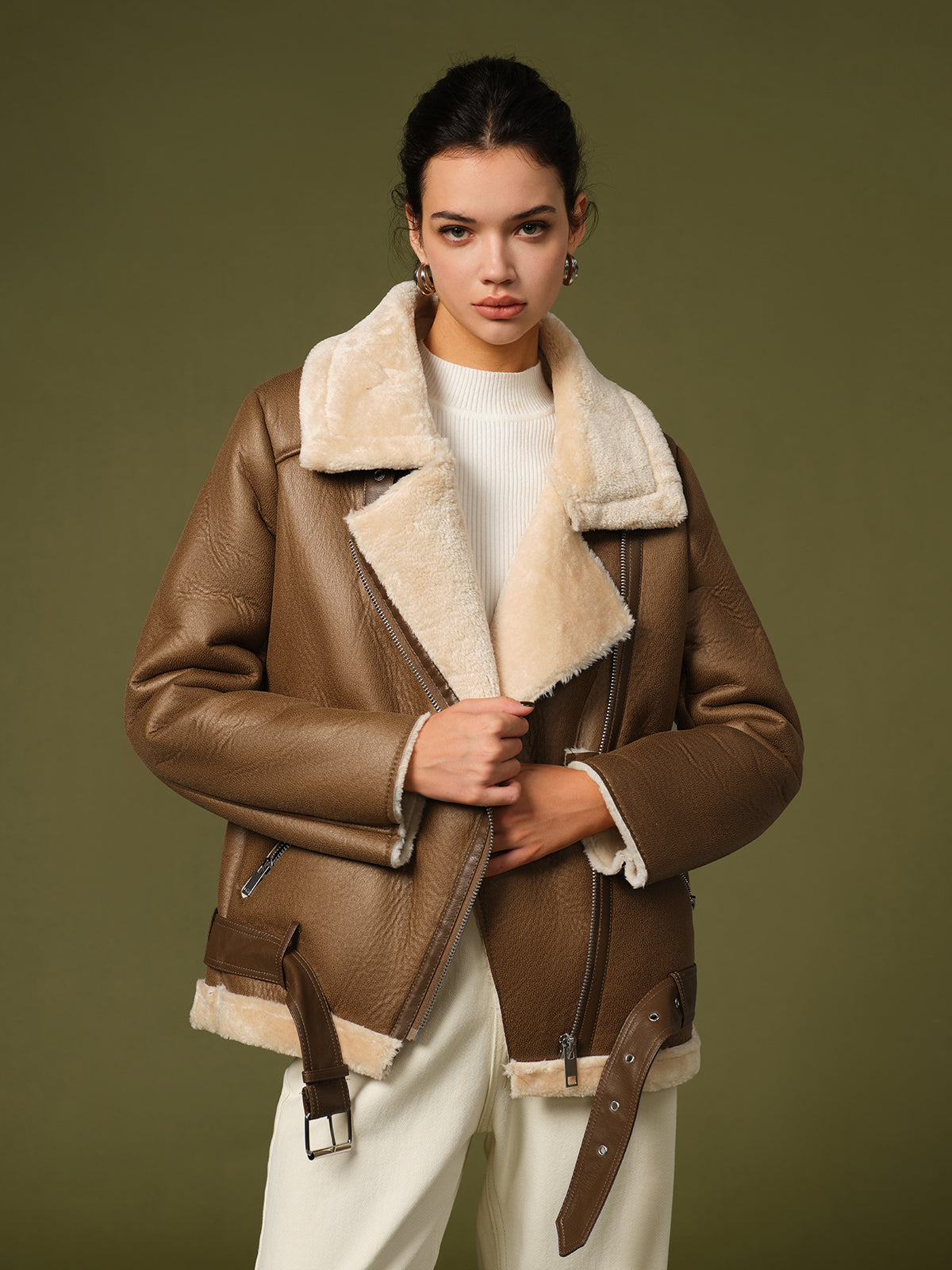 Zipper Belted Soft Fleece Ceket