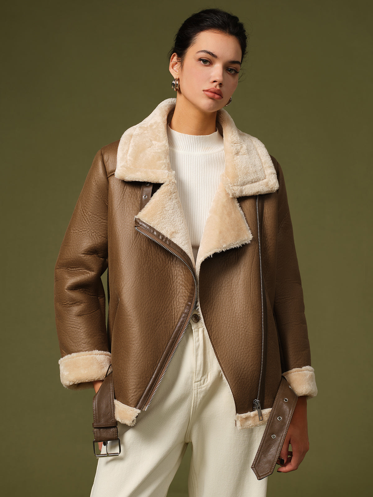 Zipper Belted Soft Fleece Ceket