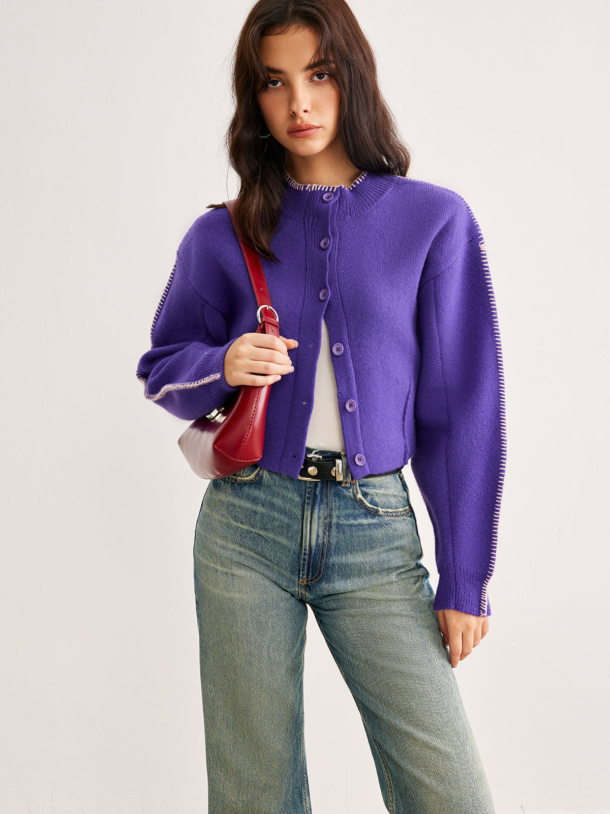 Contrast Trim Breasted Crop Hırka