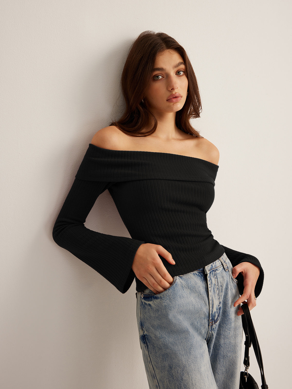 Off-Shoulder Ribbed Slim Üst