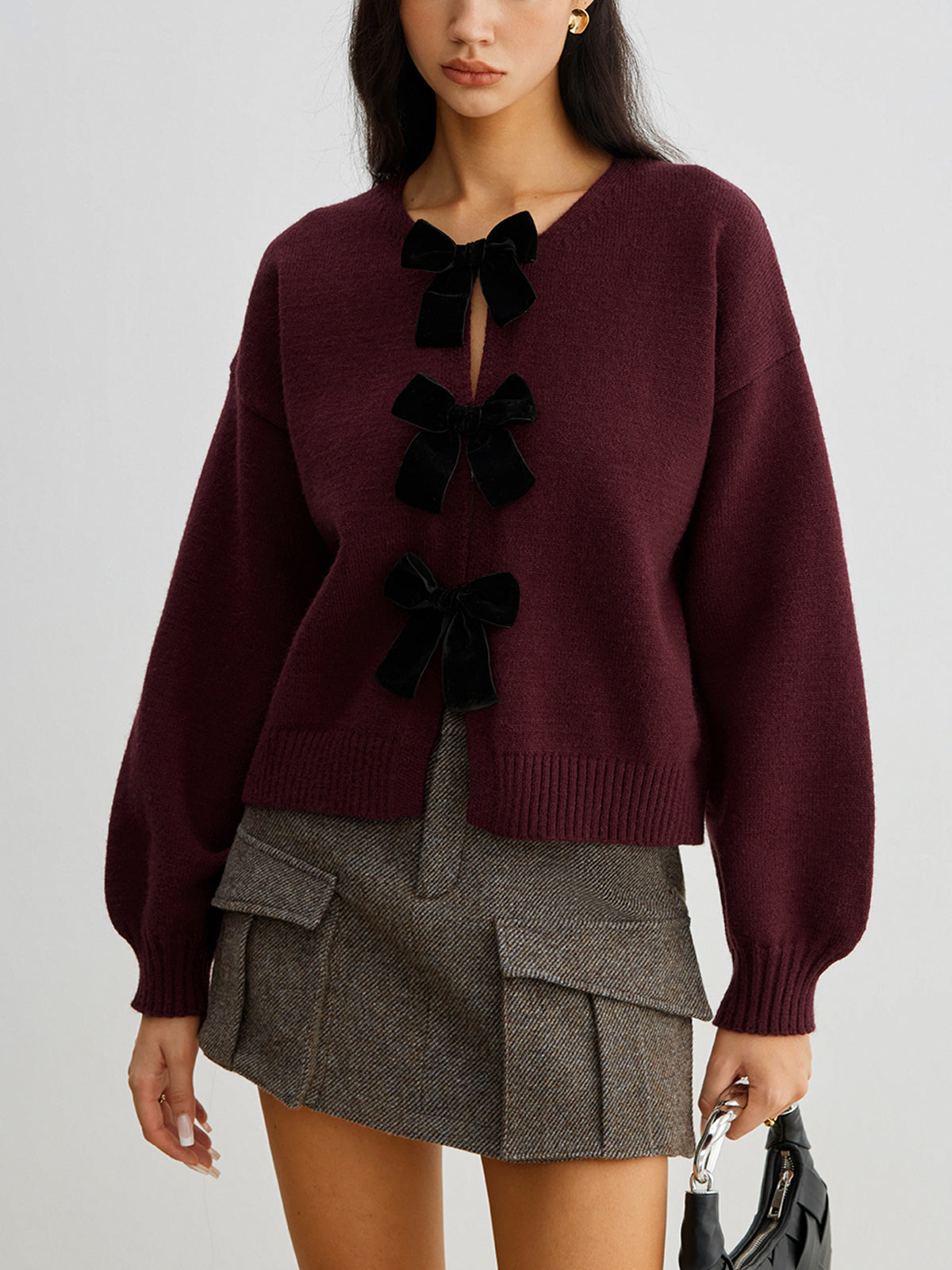 Velvet-Bow Lantern Sleeve Kazak