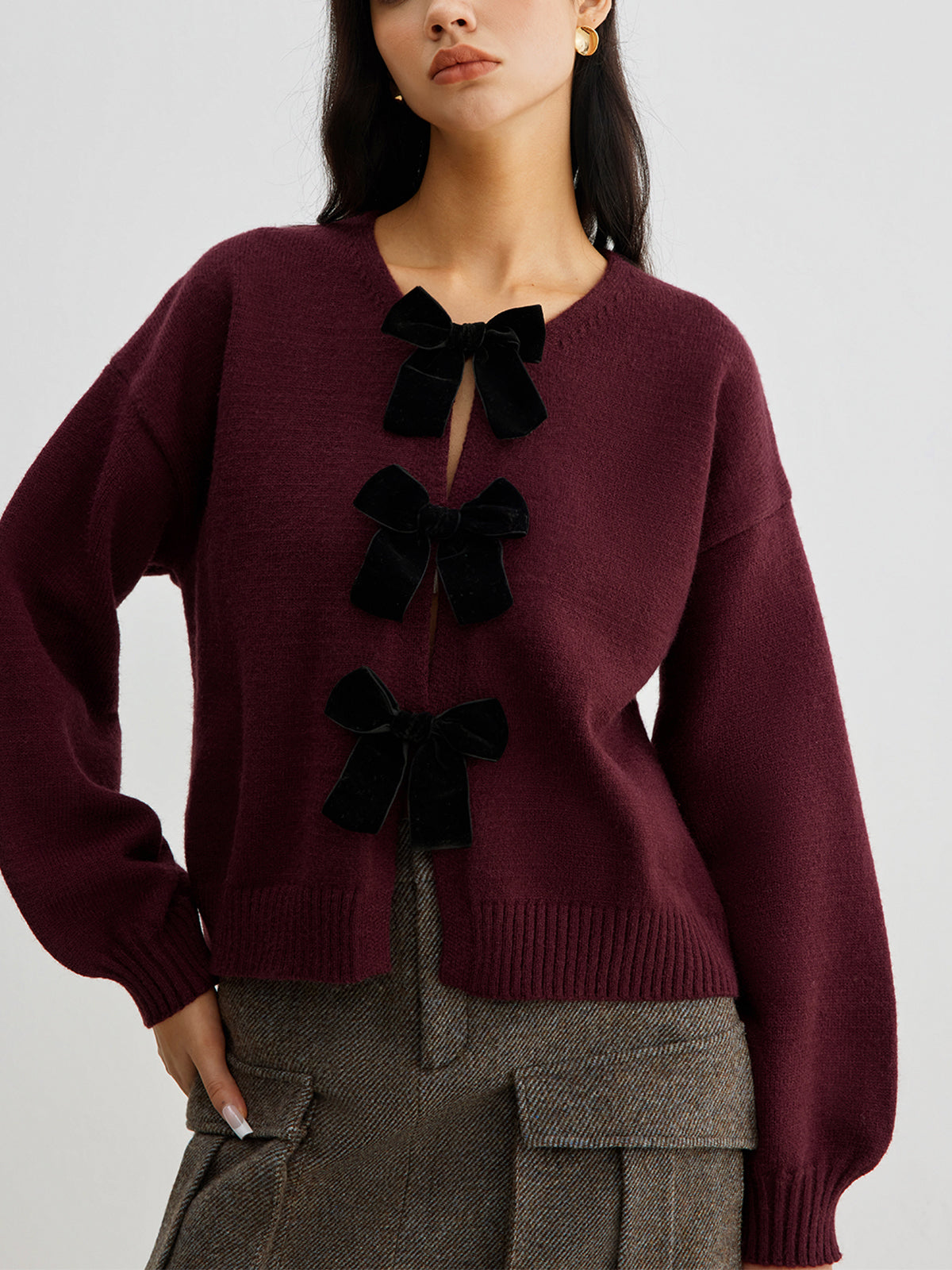 Velvet-Bow Lantern Sleeve Kazak