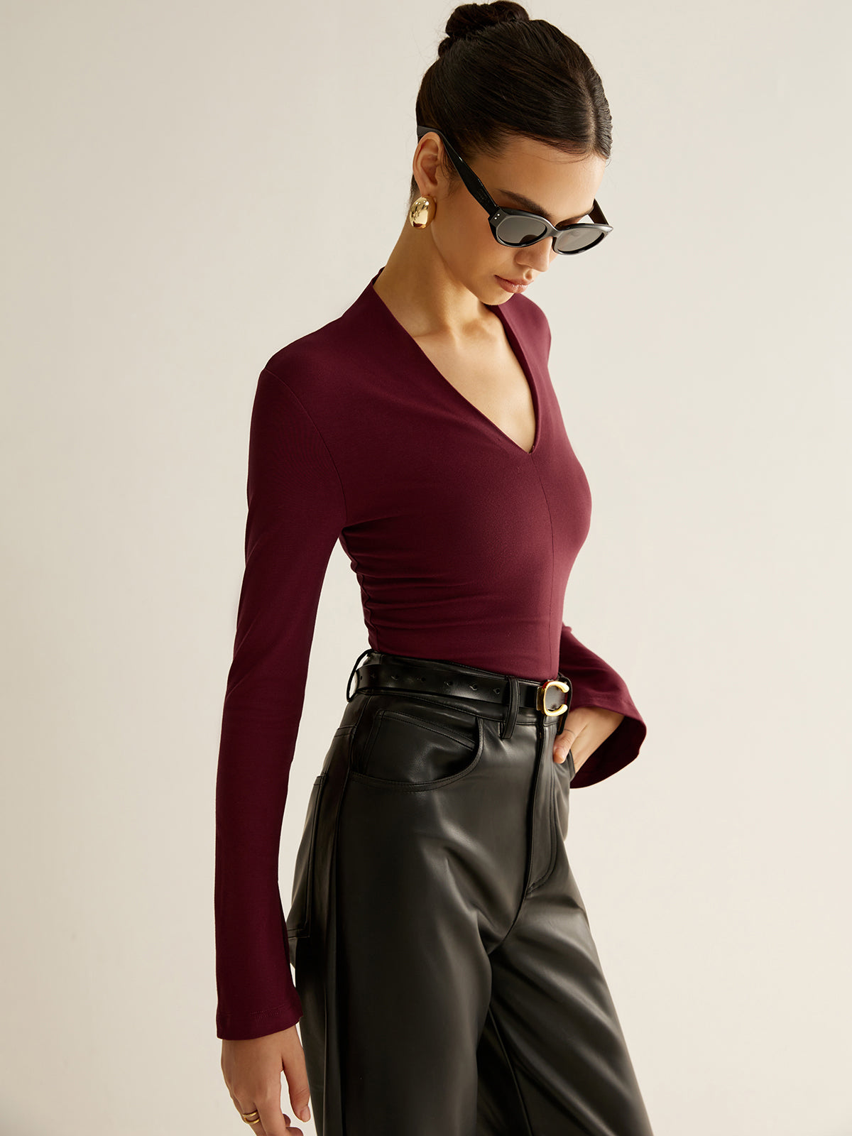 V-Neck Slit-Cuff Jersey Bluz