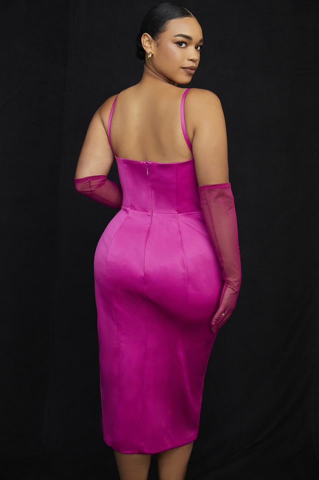 Satin Pleated Corset Midi Elbise