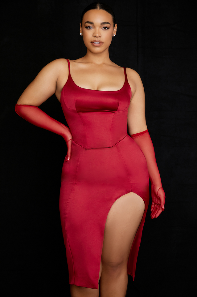 Satin Pleated Corset Midi Elbise