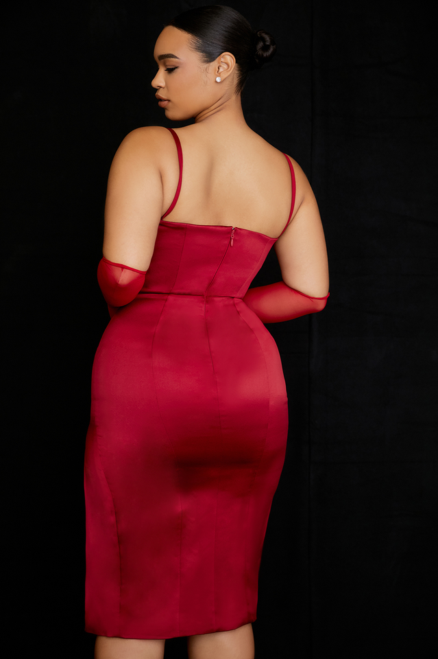 Satin Pleated Corset Midi Elbise