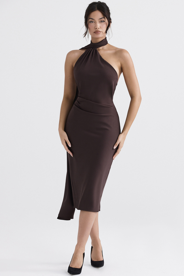 Chocolate Wrap Neck Midi Elbise